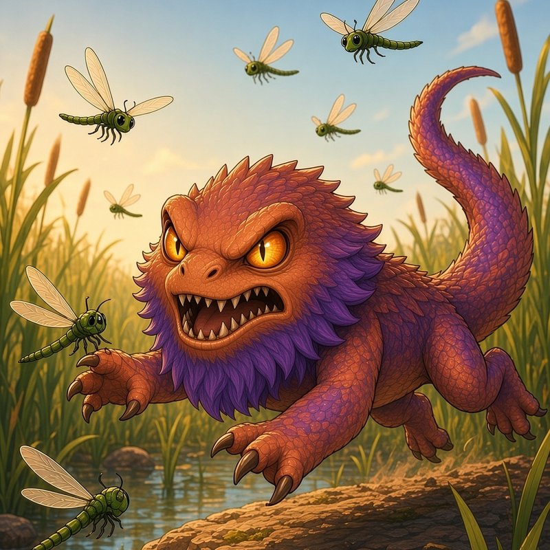 Fig the Sunbeard leaping at dragonflies in a sunny marsh